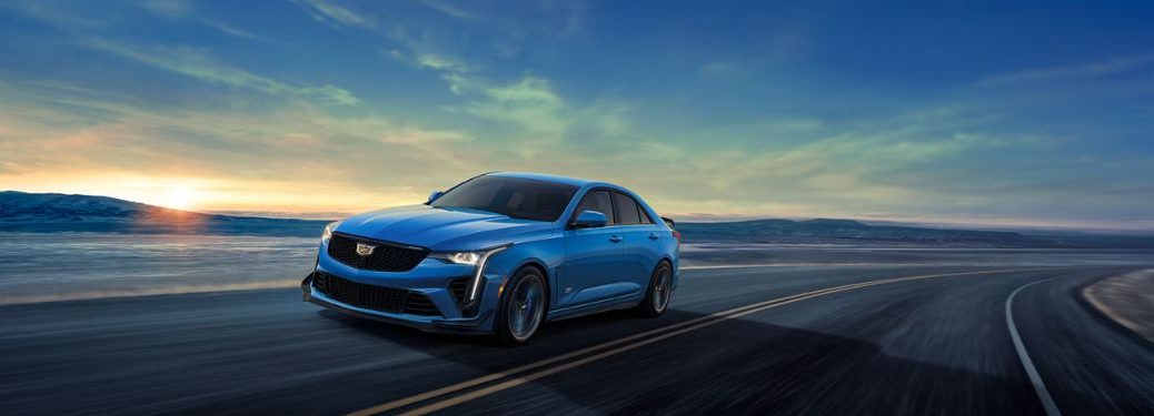 front and side view of the 2025 Cadillac CT4-V Blackwing on the road