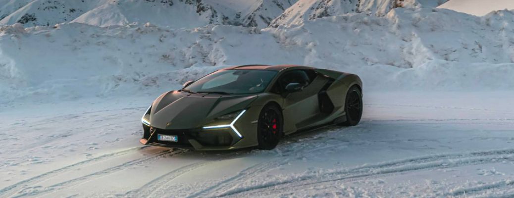 front and side view of a Lamborghini in snow
