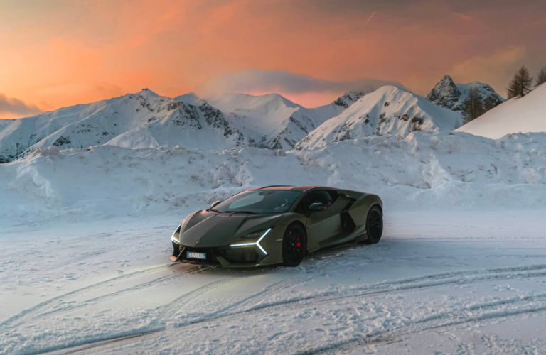 front view of a Lamborghini Revuelto in snow
