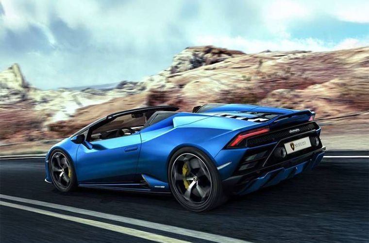 An exterior rear view of a Lamborghini vehicle