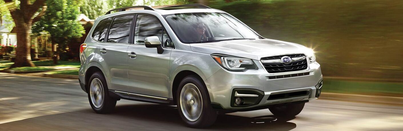 Silver Subaru Forester driving down forested road