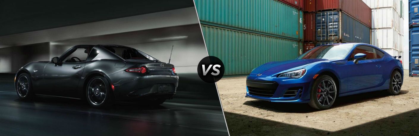 Grey 2018 Mazda MX-5 Miata RF, VS Icon, and Blue 2018 Subaru BRZ