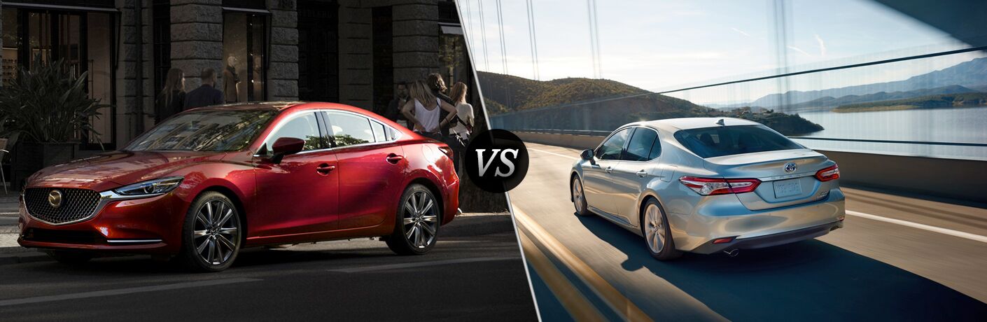 Red 2018 Mazda6, VS Icon, and Silver 2018 Toyota Camry