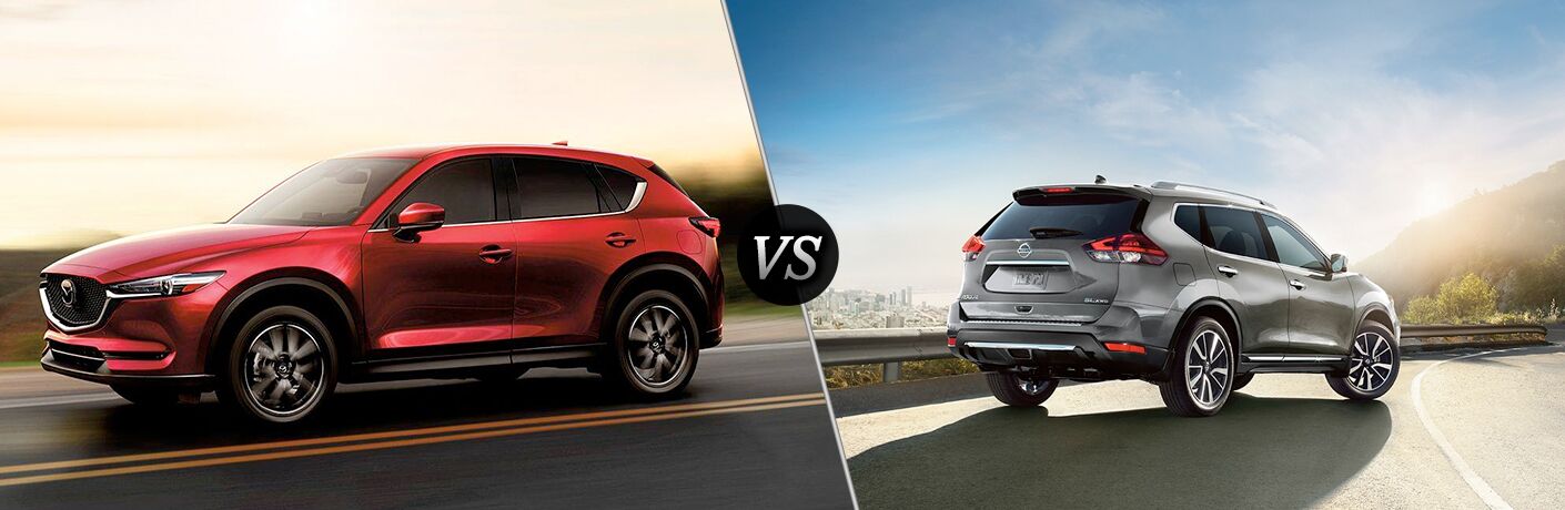 Red 2018 Mazda CX-5, VS Icon, and Silver 2018 Nissan Rogue