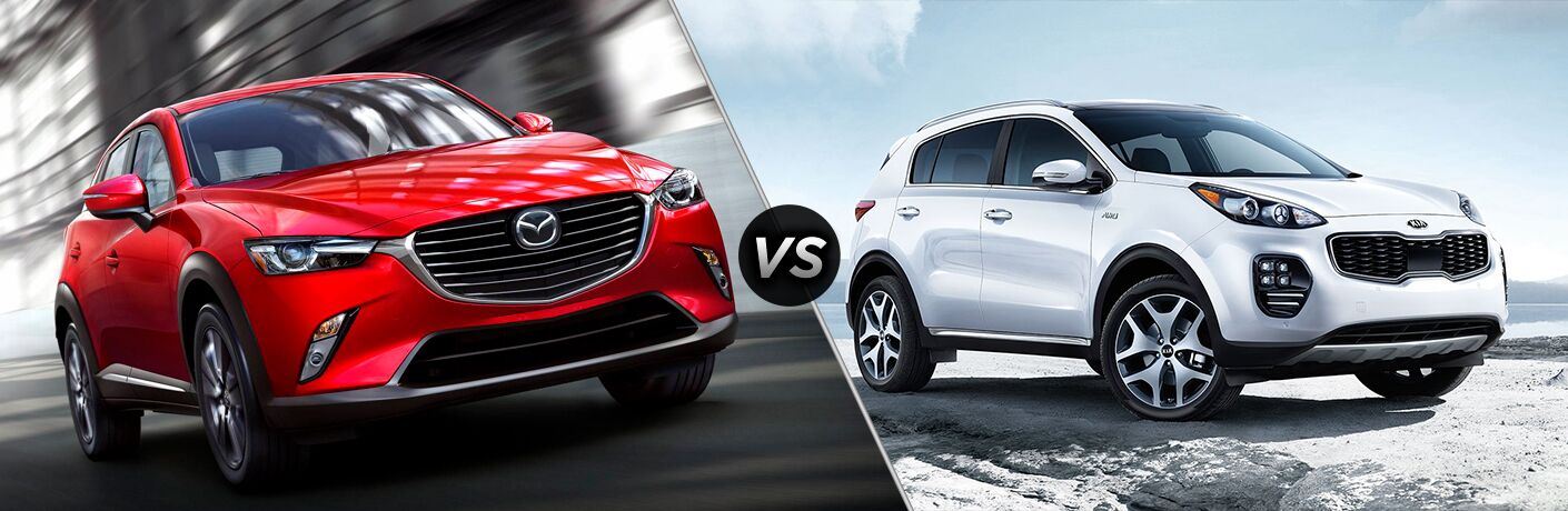 Red 2019 Mazda CX-3, VS Icon, and White 2019 Kia Sportage