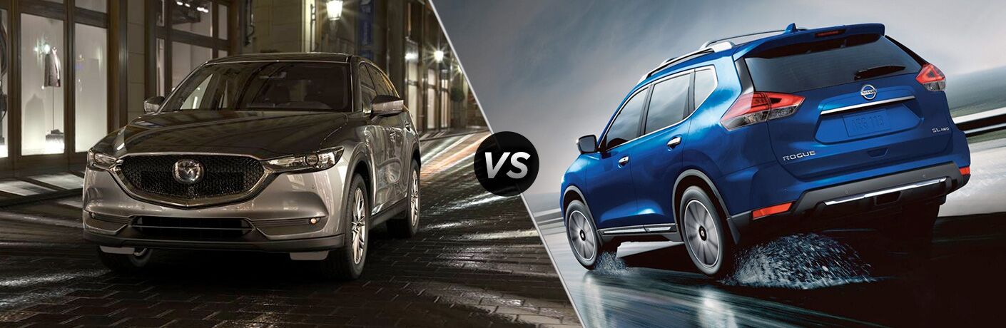 Silver 2019 Mazda CX-5, VS icon, and blue 2019 Nissan Rogue