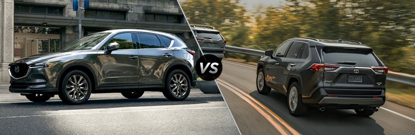 Grey 2019 Mazda CX-5, VS icon, and grey 2019 Toyota RAV4