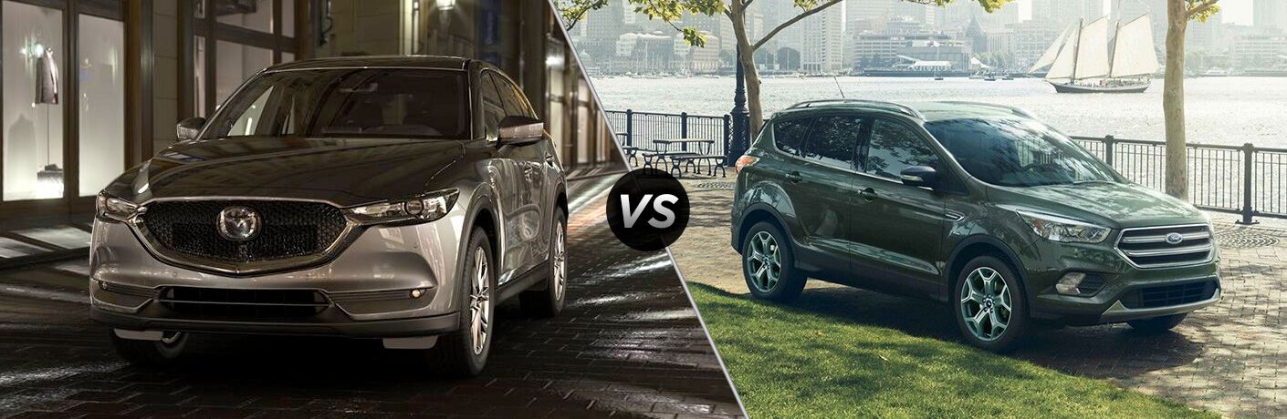 Silver 2019 Mazda CX-5, VS icon and grey 2019 Ford Escape