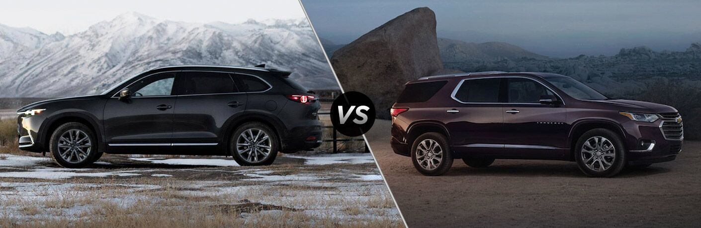 Black 2019 Mazda CX-9, VS Icon, and Maroon 2019 Chevrolet Traverse