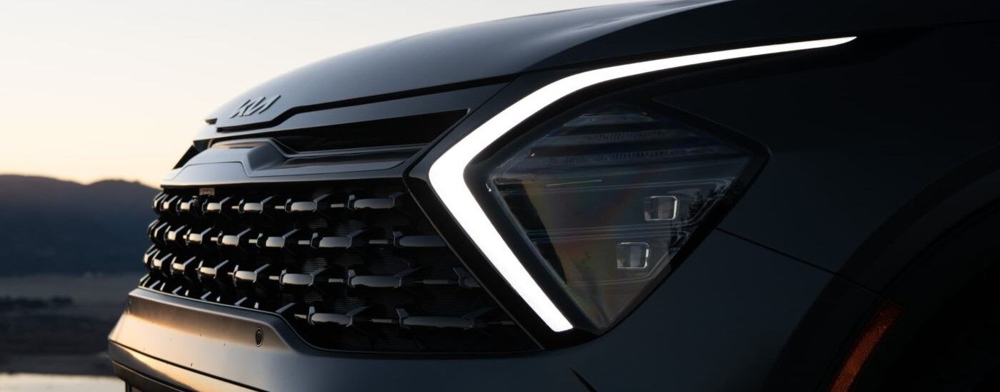 Hood and headlights on a black 2023 Kia Sportage