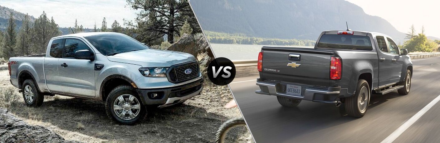 2019 Ford Ranger next to 2019 Chevrolet Colorado in comparison image