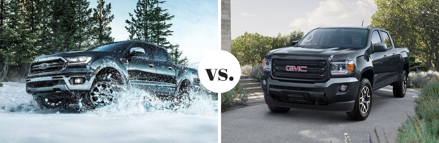 Black 2019 Ford Ranger and GMC Canyon models in comparison image