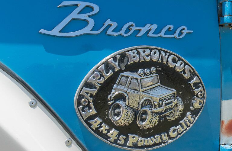 Ford Bronco emblem on blue painted model
