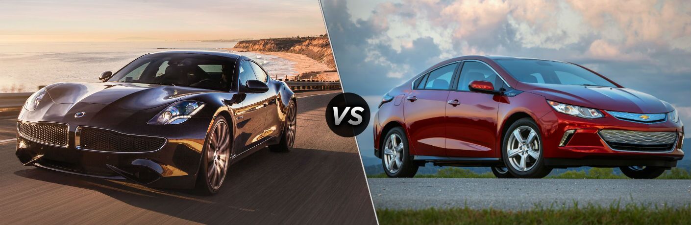 2018 Karma Revero Exterior Driver Side Front Angle vs 2019 Chevy Volt Exterior Passenger Side Front Angle