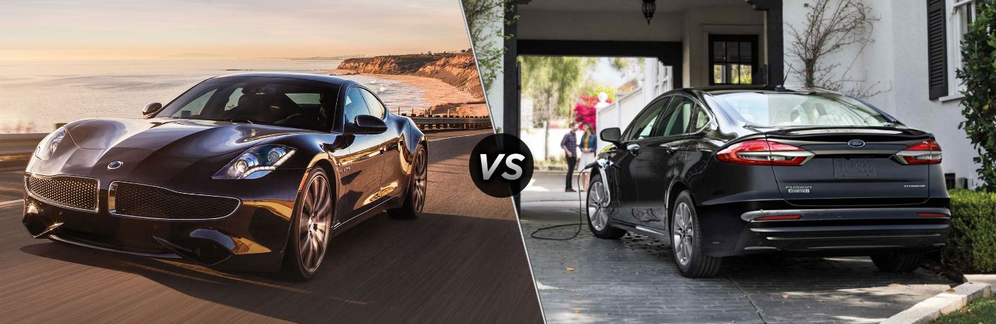 2018 Karma Revero Exterior Driver Side Front Angle vs 2019 Ford Fusion Exterior Driver Side Rear Angle