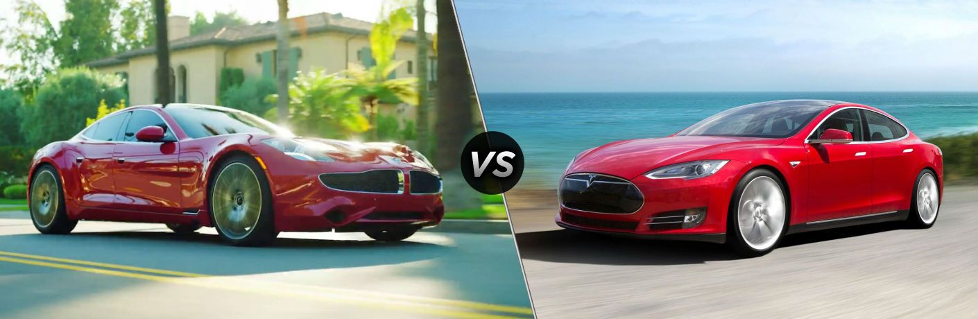 2018 Karma Revero Exterior Passenger Side Front vs 2018 Tesla Model S Exterior Driver Side Front