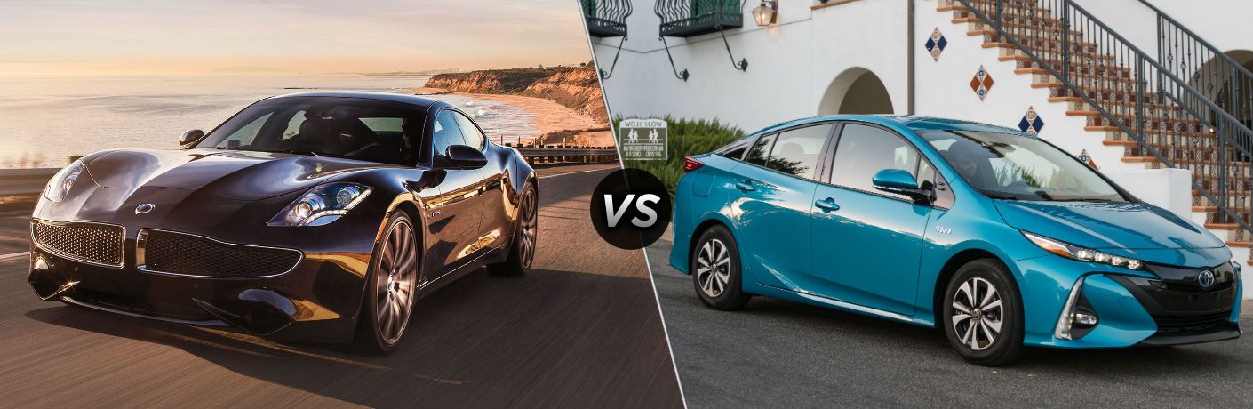 2018 Karma Revero Exterior Driver Side Front Angle vs 2018 Toyota Prius Prime Exterior Passenger Side Front Profile