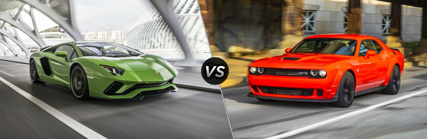 2018 Lamborghini Aventador Exterior Passenger Side Front Angle vs 2018 Dodge Challenger Hellcat Exterior Driver Side Front Angle