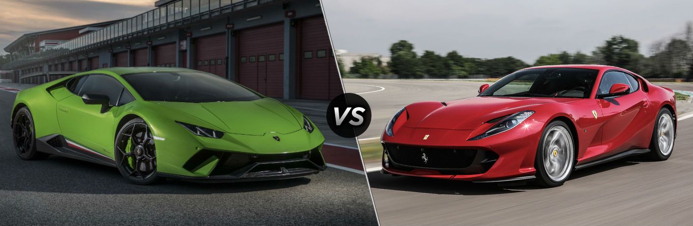 2018 Lamborghini Huracan Performante Exterior Passenger Side Front vs 2018 Ferrari 812 Superfast Exterior Driver Side Front