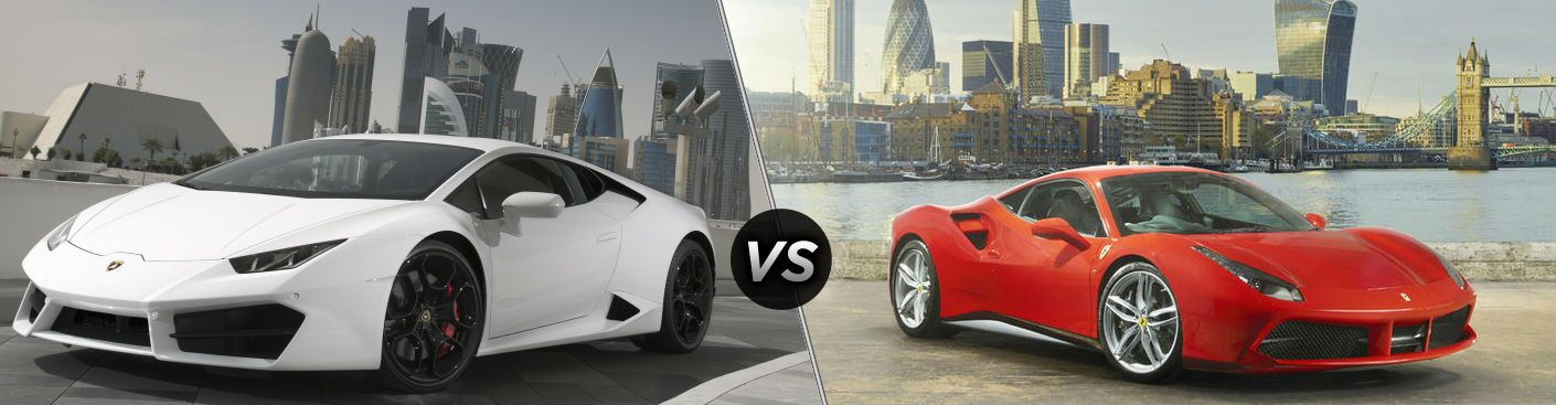 White 2018 Lamborghini Huracan Exterior Driver Side Front vs 2018 Ferrari 488 Exterior Passenger Side Front