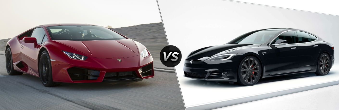 2018 Lamborghini Huracan Exterior Passenger Side Front Angle vs 2018 Tesla Model S Exterior Driver Side Front Profile