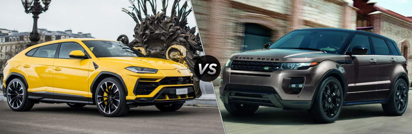 2018 Lamborghini Urus Exterior Passenger Side Front vs 2018 Land Rover Range Rover Evoque Exterior Driver Side Front