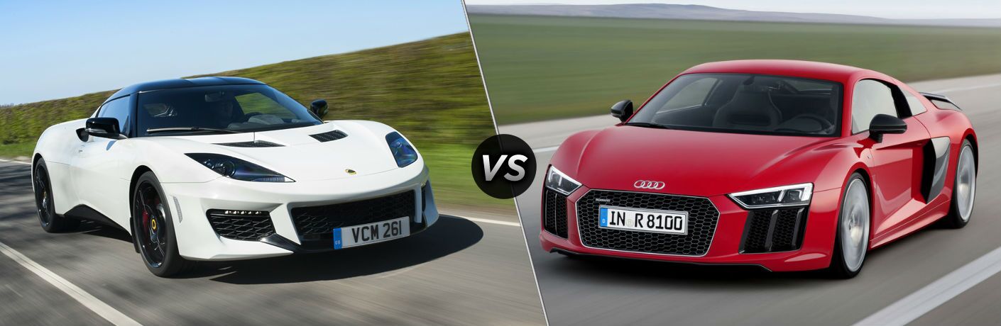 2018 Lotus Evora 400 Exterior Passenger Side Front vs 2018 Audi R8 Exterior Driver Side Front