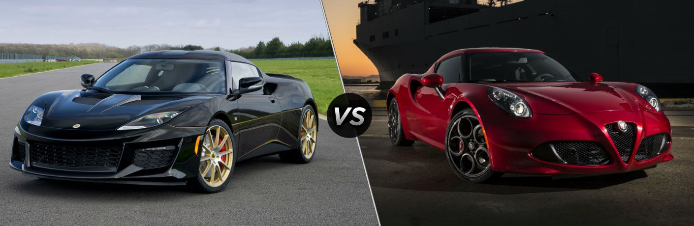 2018 Lotus Evora Sport 410 Exterior Driver Side Front Angle vs 2018 Alfa Romeo 4C Exterior Passenger Side Front Angle