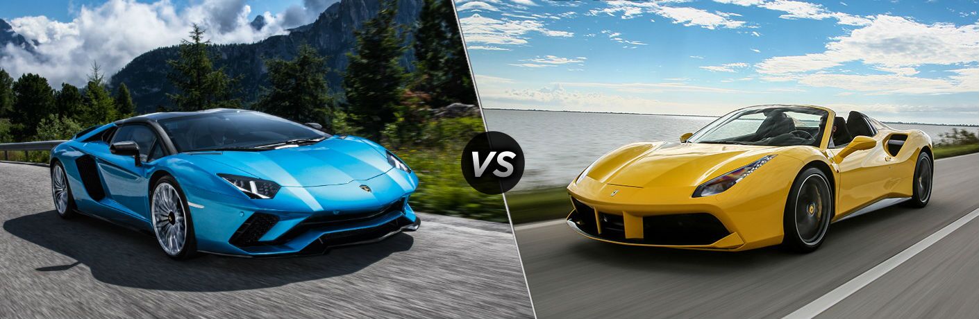 2018 Lamborghini Aventador Roadster Exterior Passenger Side Front Angle vs 2018 Ferrari 488 Spider Exterior Driver Side Front Angle