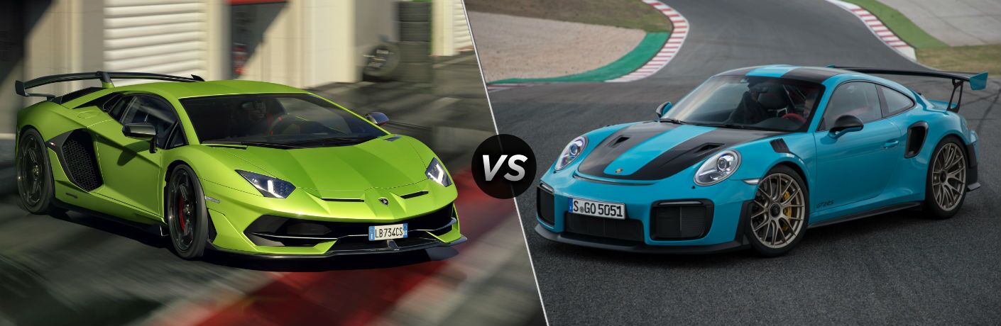 2019 Lamborghini Aventador SVJ Exterior Passenger Side Front Angle vs 2019 Porsche 911 GT2 RS Exterior Driver Side Front Angle