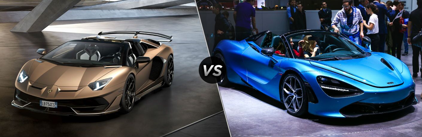 Lamborghini Aventador SVJ Roadster Exterior Driver Side Front Angle vs McLaren 720S Spider Exterior Passenger Side Front Angle