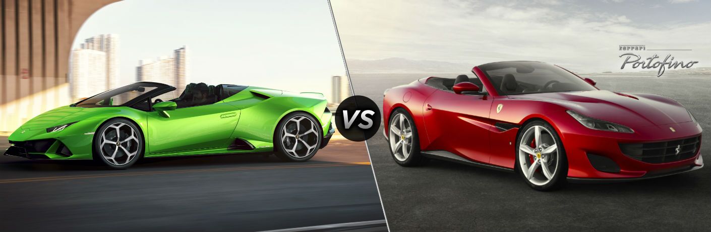 Lamborghini Huracan EVO Spyder Exterior Driver Side Front Profile vs Ferrari Portofino Exterior Passenger Side Front Profile