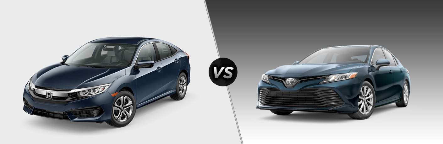 side by side images of the 2018 Honda Civic Sedan LX and 2018 Toyota Camry L both in a vague sort of blue