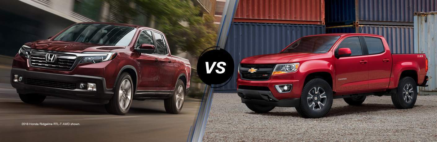 side by side images of the 2018 Honda Ridgeline and 2018 Chevy Colorado in different shades of red