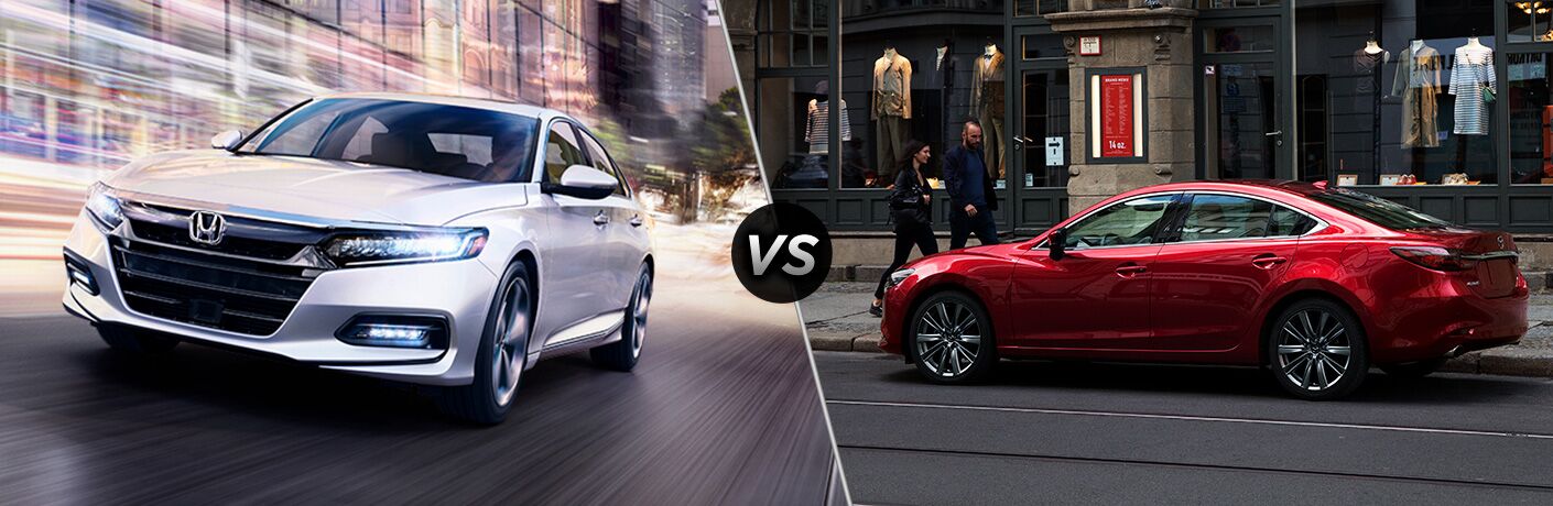 2019 Honda Accord exterior front fascia and driver side vs 2019 Mazda6 exterior back fascia and driver side parked next to sidewalk with couple walking