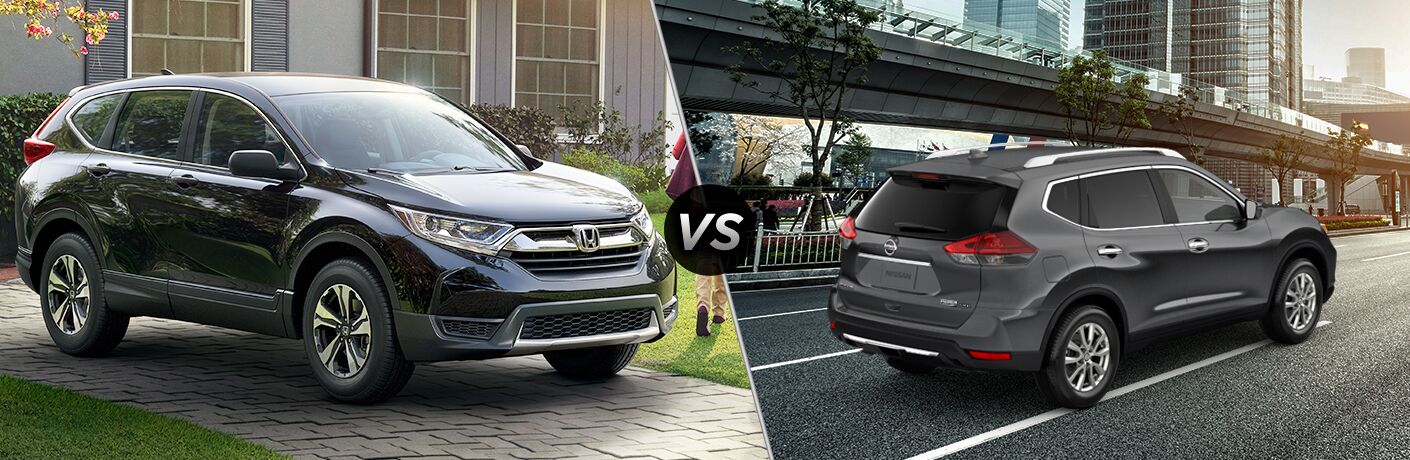 2019 Honda CR-V exterior front fascia and passenger side outdoors vs 2019 Nissan Rogue exterior back fascia and passenger side in city under bridge