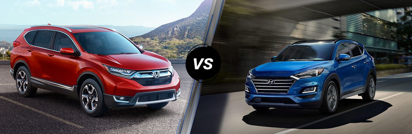 2019 Honda CR-V exterior front fascia and passenger side in empty lot with hill vs 2019 Hyundai Tucson front fascia and driver side on blurred road