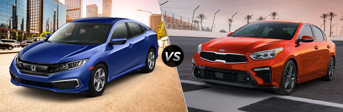 2019 Honda Civic LX exterior front fascia and drivers side in front of city vs 2019 Kia Forte exterior front fascia and drivers side on racetrack