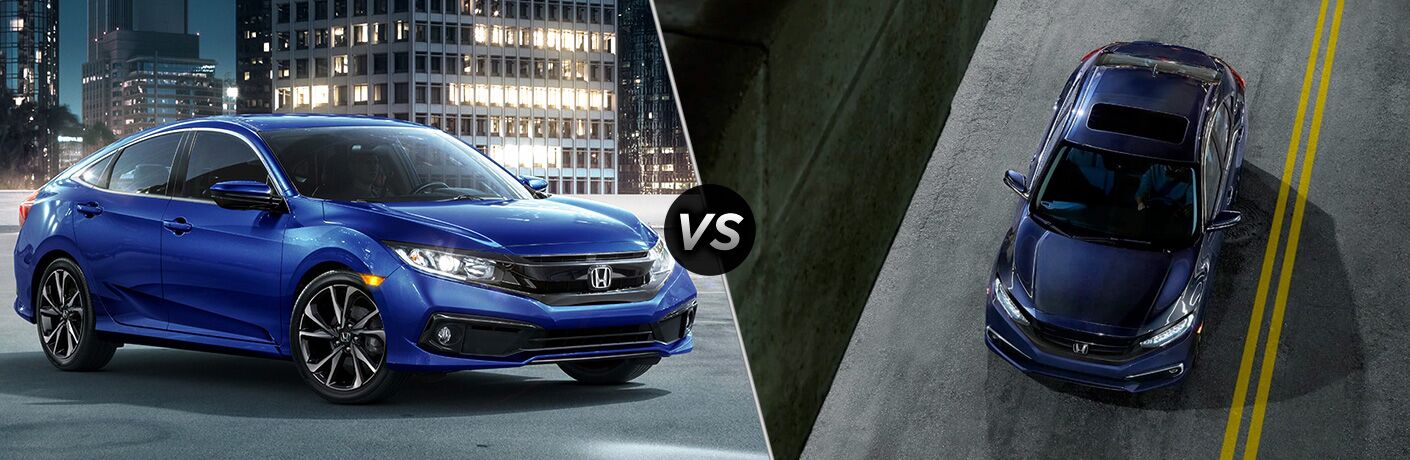 2019 Honda Civic Sedan Sport exterior front fascia and passenger side vs 2019 Honda Civic Touring exterior top view on road