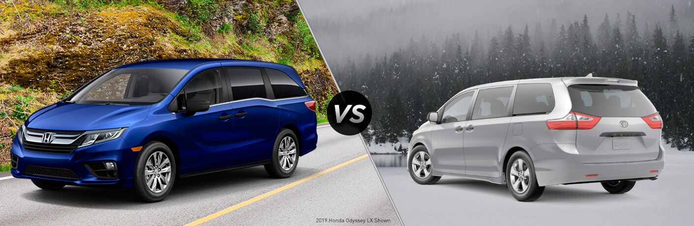 2019 Honda Odyssey exterior front fascia and drivers side on road with trees vs 2019 Toyota Sienna exterior back fascia and driver side outside in snow