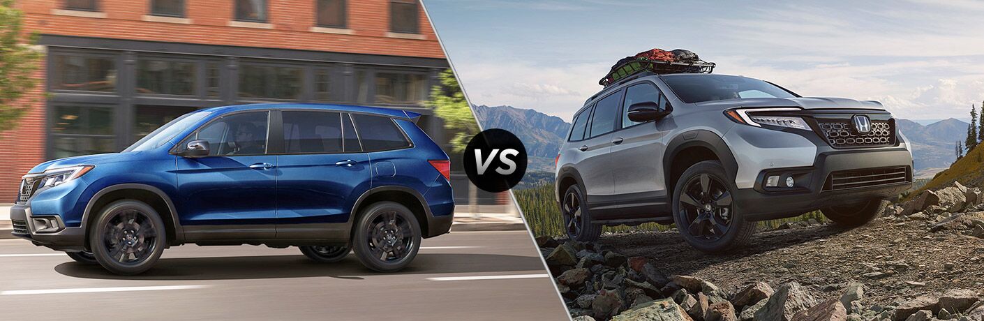 2019 Honda Passport Sport driver side profile in town vs 2019 Honda Passport Elite exterior front fascia and passenger side climbing off road hill