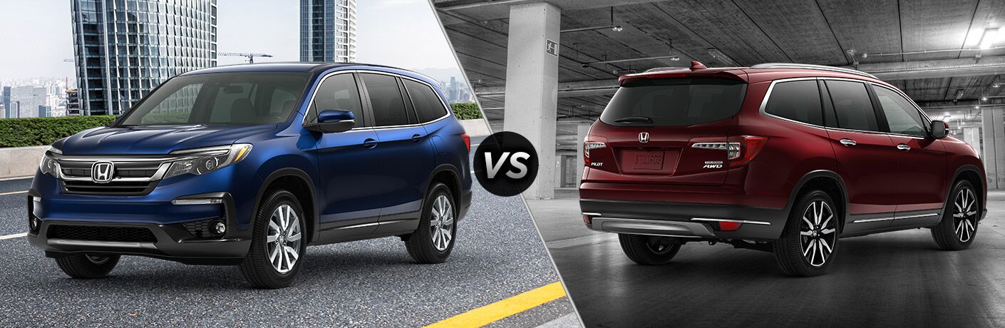 2019 Honda Pilot EX exterior front fascia and driver side vs 2019 Honda Pilot Touring exterior back fascia and passenger side in underground parking lot