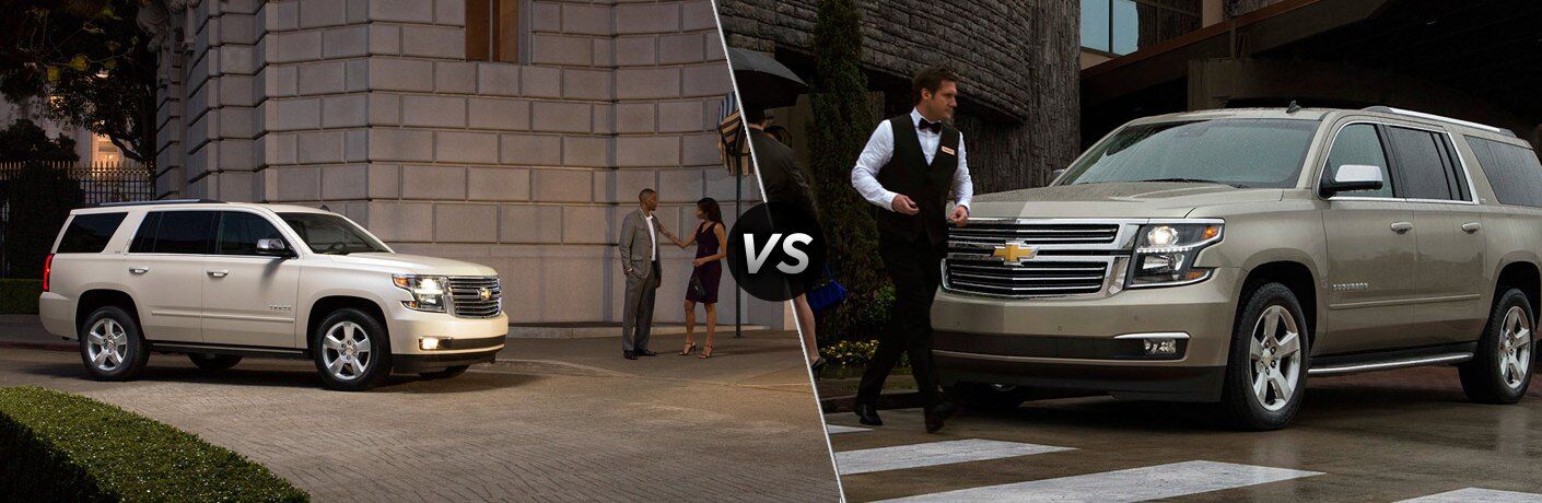 White Chevy Tahoe and silver Chevy Suburban, separated by a diagonal line and a "vs" logo.