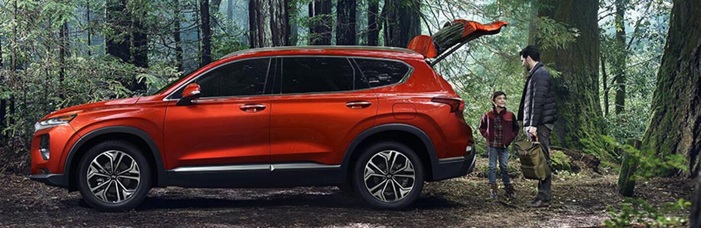 A man and his son standing behind the open liftgate of a 2019 Hyundai Santa Fe