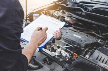 mechanic checking off list by car