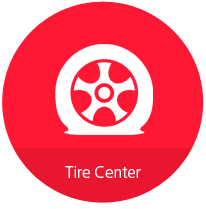 "Tire Center", text on a red circle icon with an image of a flat tire on it