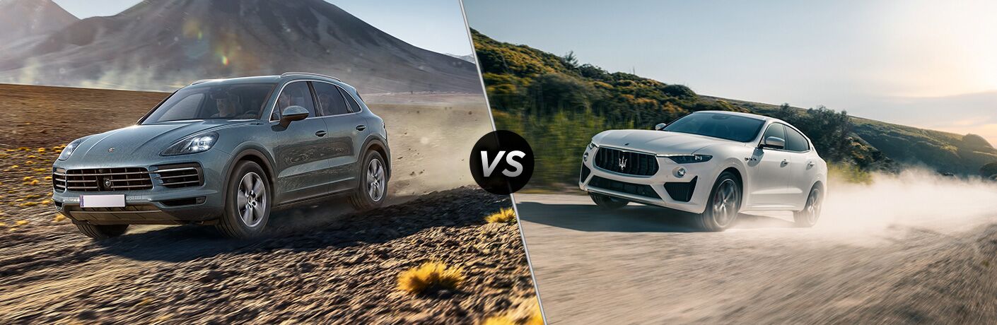 Front driver angle of a blue 2019 Porsche Cayenne on left VS front driver angle of a white 2019 Maserati Levante on right