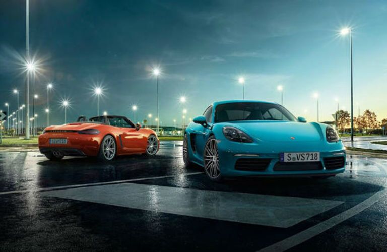 2019 Porsche 718 Cayman and Boxster models in a parking lot