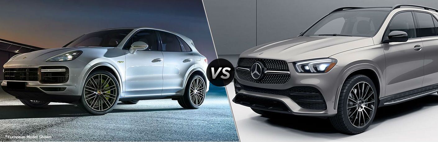 Silver European 2020 Porsche Cayenne and grey 2020 Mercedes-Benz GLE SUV