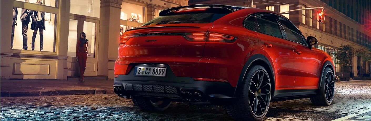 Rear view of red 2020 Porsche Cayenne Coupe